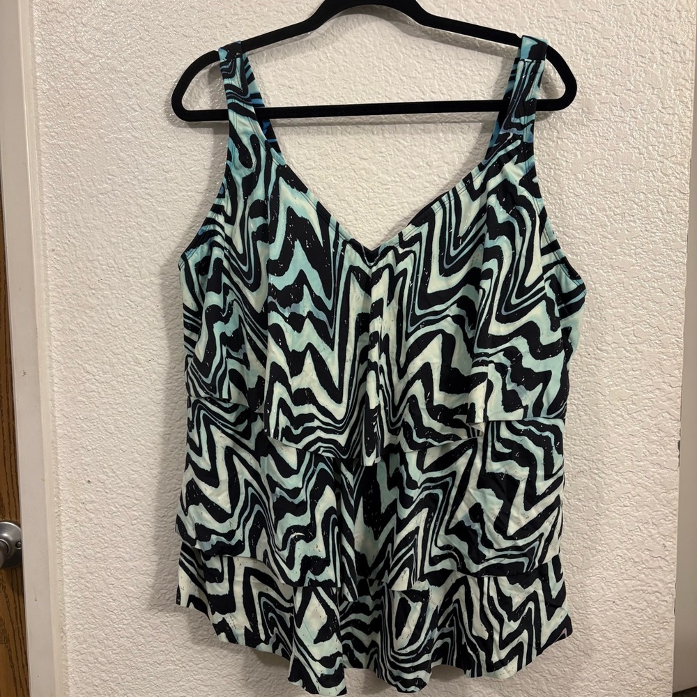 Avenue Women's Plus Size 22W Layered Tankini Swim Top Blue Black Marble